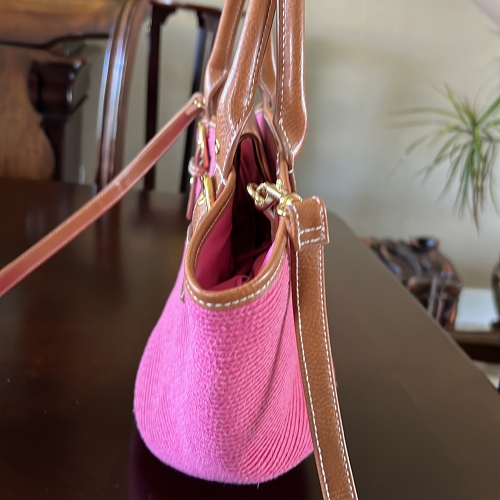 Pink Woven Straw Crossbody Bag Brown Trim Cotton Paper Tote - Picture 15 of 17